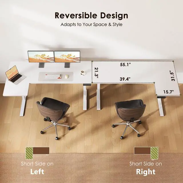 Alt view image 5 of 7 - 55 Inch Reversible L Shaped Electric Standing Desk, White | Corner Height Adjustable Computer Table, Stand Up Desk with 3 Memory Presets, Reinforced Frame for Home Office, Workstation