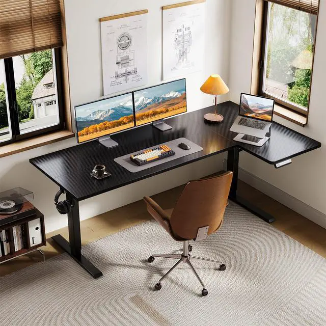 Alt view image 2 of 7 - 63" Reversible L Shaped Electric Standing Desk, Carbon Fiber Black | Corner Height Adjustable Computer Table, Stand Up Desk with 3 Memory Presets, Reinforced Frame for Home Office, Workstation