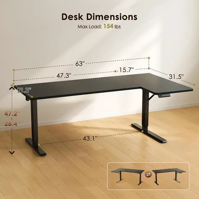Alt view image 3 of 7 - 63" Reversible L Shaped Electric Standing Desk, Carbon Fiber Black | Corner Height Adjustable Computer Table, Stand Up Desk with 3 Memory Presets, Reinforced Frame for Home Office, Workstation
