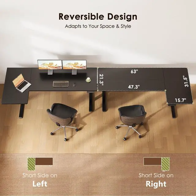 Alt view image 5 of 7 - 63" Reversible L Shaped Electric Standing Desk, Carbon Fiber Black | Corner Height Adjustable Computer Table, Stand Up Desk with 3 Memory Presets, Reinforced Frame for Home Office, Workstation