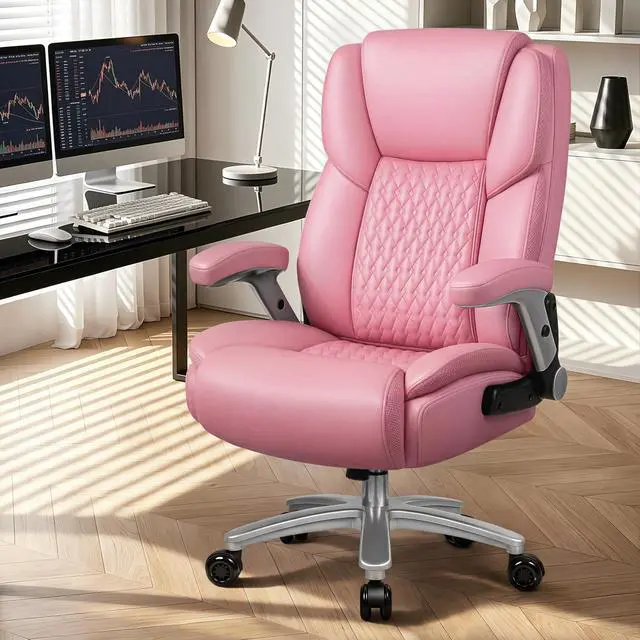 Alt view image 2 of 7 - Big and Tall Office Chair 600lbs, Heavy Duty Executive Office Chair for Heavy People, Pink High Back Office Leather Ergonomic Chair with Adjustable Armrests and Lumbar Support for Computer Desk Chair