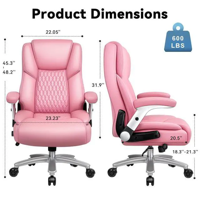 Alt view image 3 of 7 - Big and Tall Office Chair 600lbs, Heavy Duty Executive Office Chair for Heavy People, Pink High Back Office Leather Ergonomic Chair with Adjustable Armrests and Lumbar Support for Computer Desk Chair
