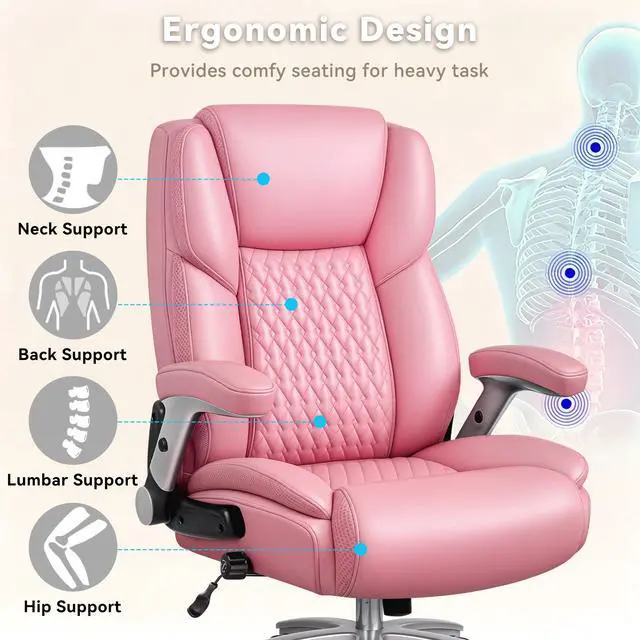 Alt view image 4 of 7 - Big and Tall Office Chair 600lbs, Heavy Duty Executive Office Chair for Heavy People, Pink High Back Office Leather Ergonomic Chair with Adjustable Armrests and Lumbar Support for Computer Desk Chair