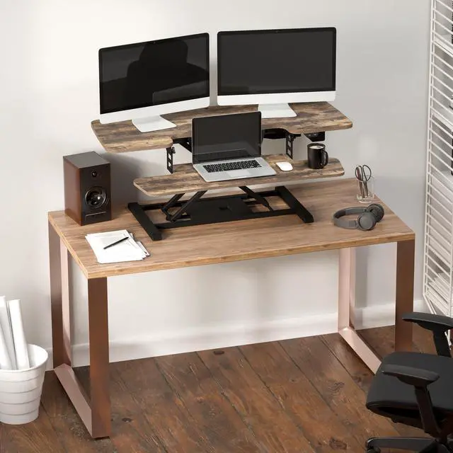 Alt view image 2 of 6 - 42" Electric Standing Desk Converter Height Adjustable Desk Strong Weight Capacity Motorized Stand up Desk Riser for Office Home, Rustic Color