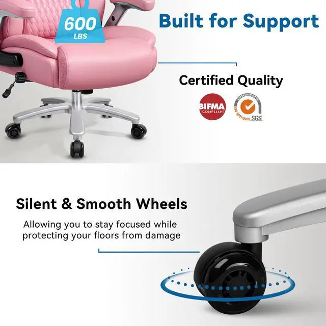 Alt view image 5 of 7 - Big and Tall Office Chair 600lbs, Heavy Duty Executive Office Chair for Heavy People, Pink High Back Office Leather Ergonomic Chair with Adjustable Armrests and Lumbar Support for Computer Desk Chair