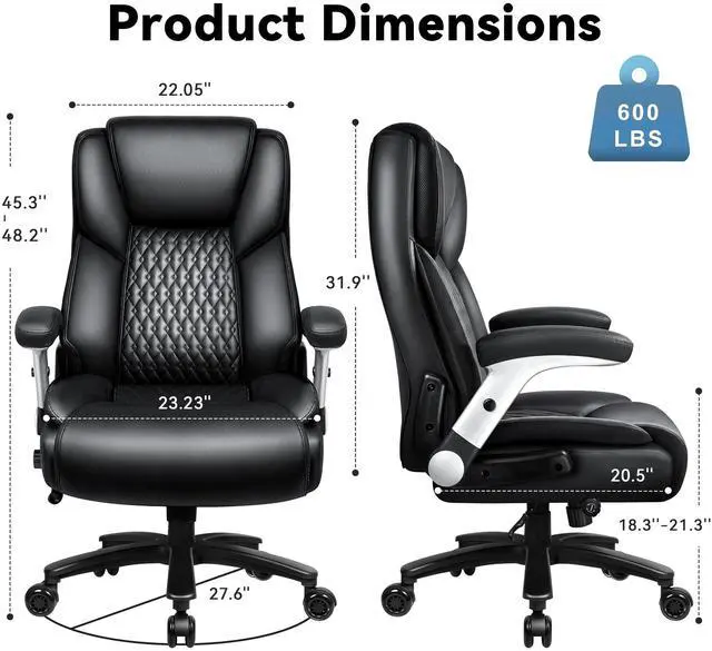 Alt view image 3 of 7 - Big and Tall Office Chair 600LBS, Heavy Duty Office Chair for Heavy People, High Back Executive Office Leather Chair with Adjustable Armrests and Lumbar Support, Black Ergonomic Big Tall Chair