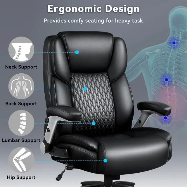 Alt view image 5 of 7 - Big and Tall Office Chair 600LBS, Heavy Duty Office Chair for Heavy People, High Back Executive Office Leather Chair with Adjustable Armrests and Lumbar Support, Black Ergonomic Big Tall Chair