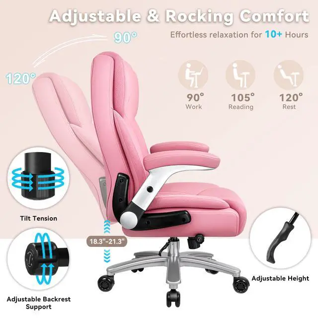 Alt view image 6 of 7 - Big and Tall Office Chair 600lbs, Heavy Duty Executive Office Chair for Heavy People, Pink High Back Office Leather Ergonomic Chair with Adjustable Armrests and Lumbar Support for Computer Desk Chair