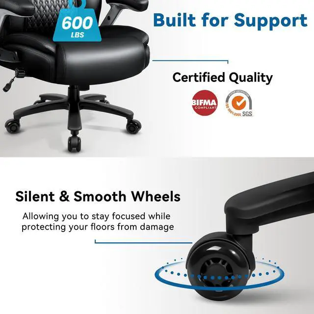 Alt view image 4 of 7 - Big and Tall Office Chair 600LBS, Heavy Duty Office Chair for Heavy People, High Back Executive Office Leather Chair with Adjustable Armrests and Lumbar Support, Black Ergonomic Big Tall Chair