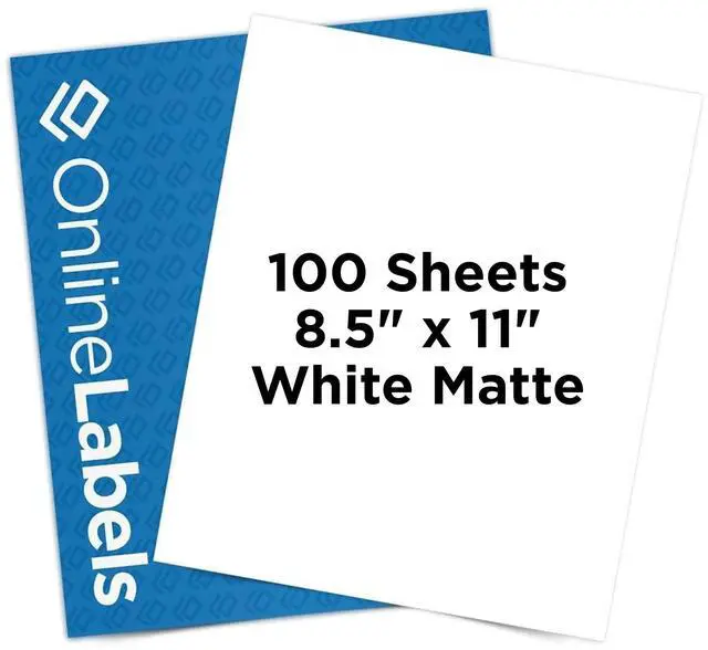 Main image of OnlineLabels 8.5" x 11" Sticker Paper - White Matte - Inkjet/Laser | 100 Sheets, Permanent Adhesive, Blank Full Sheet Labels, Inkjet & Laser Compatible, Works With Cricut, Silhouette, & More
