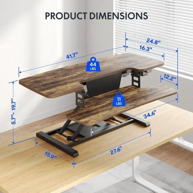 Alt view image 3 of 6 - 42" Electric Standing Desk Converter Height Adjustable Desk Strong Weight Capacity Motorized Stand up Desk Riser for Office Home, Rustic Color