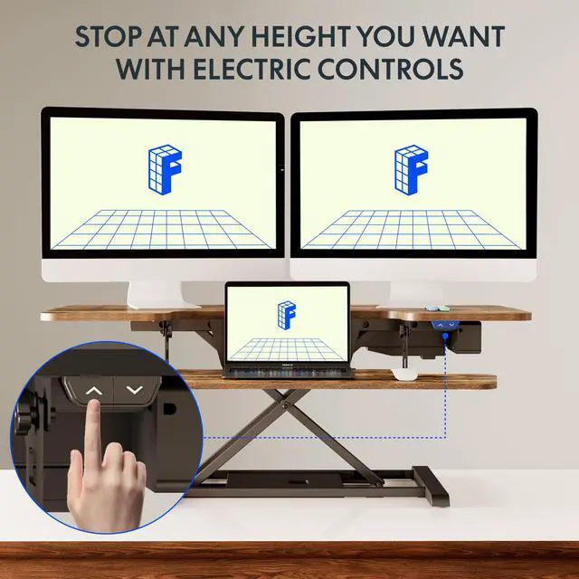 Alt view image 4 of 6 - 42" Electric Standing Desk Converter Height Adjustable Desk Strong Weight Capacity Motorized Stand up Desk Riser for Office Home, Rustic Color