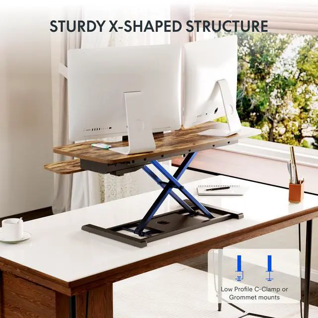 Alt view image 6 of 6 - 42" Electric Standing Desk Converter Height Adjustable Desk Strong Weight Capacity Motorized Stand up Desk Riser for Office Home, Rustic Color