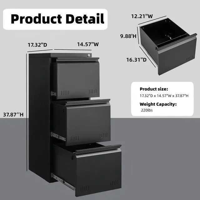 Alt view image 2 of 7 - Vertical 3 Drawer File Cabient with Lock, Metal Filing Cabinets for Home Office, Heavty Duty Office Storage Cabinet for A4/Letter/Legal (Matte Black)