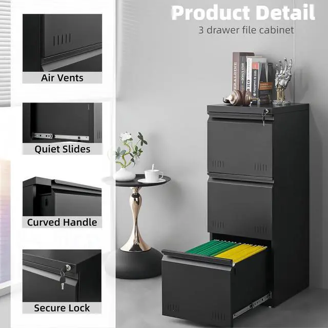 Alt view image 4 of 7 - Vertical 3 Drawer File Cabient with Lock, Metal Filing Cabinets for Home Office, Heavty Duty Office Storage Cabinet for A4/Letter/Legal (Matte Black)
