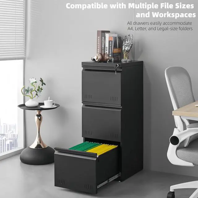 Alt view image 5 of 7 - Vertical 3 Drawer File Cabient with Lock, Metal Filing Cabinets for Home Office, Heavty Duty Office Storage Cabinet for A4/Letter/Legal (Matte Black)