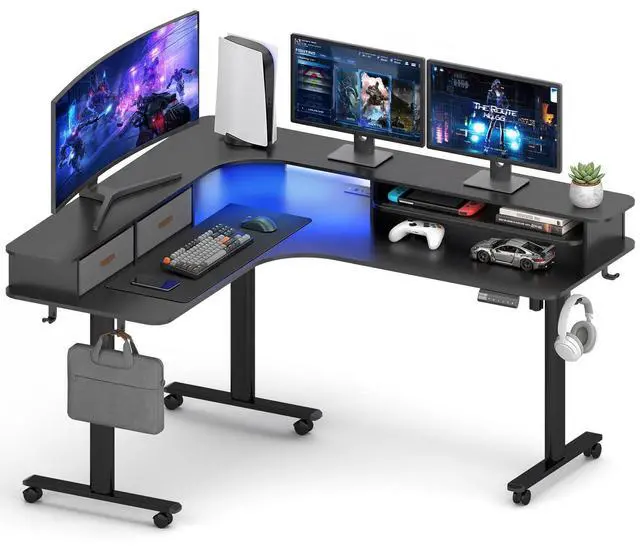 Main image of 2-Tier L Shaped Electric Standing Desk with Drawers, 63 x 55 Height Adjustable Desk with Memory Controller, Storage, Ergonomic Corner Desk Sit Stand up Computer Table for Home Office, Black