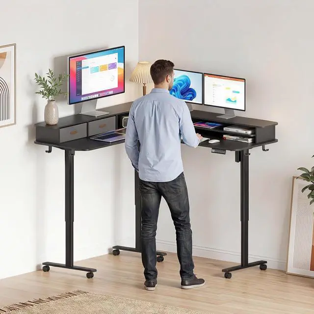 Alt view image 2 of 6 - 2-Tier L Shaped Electric Standing Desk with Drawers, 63 x 55 Height Adjustable Desk with Memory Controller, Storage, Ergonomic Corner Desk Sit Stand up Computer Table for Home Office, Black