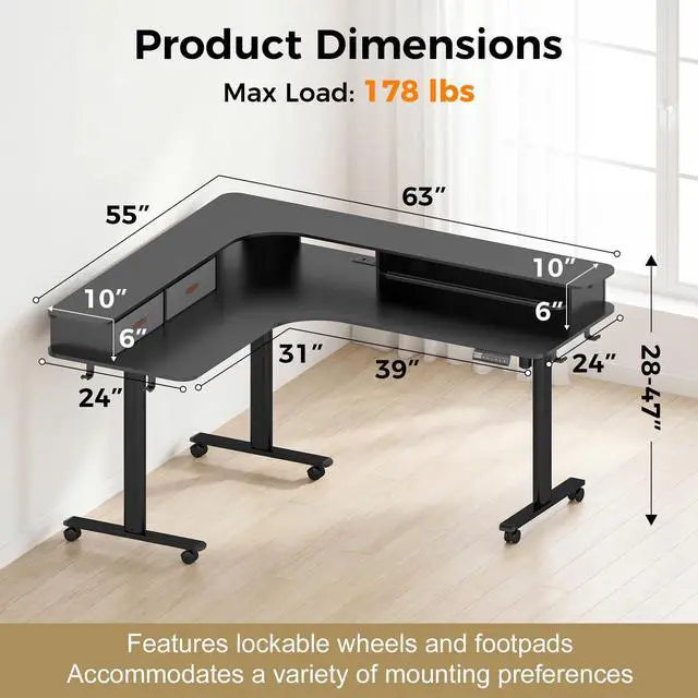 Alt view image 3 of 6 - 2-Tier L Shaped Electric Standing Desk with Drawers, 63 x 55 Height Adjustable Desk with Memory Controller, Storage, Ergonomic Corner Desk Sit Stand up Computer Table for Home Office, Black
