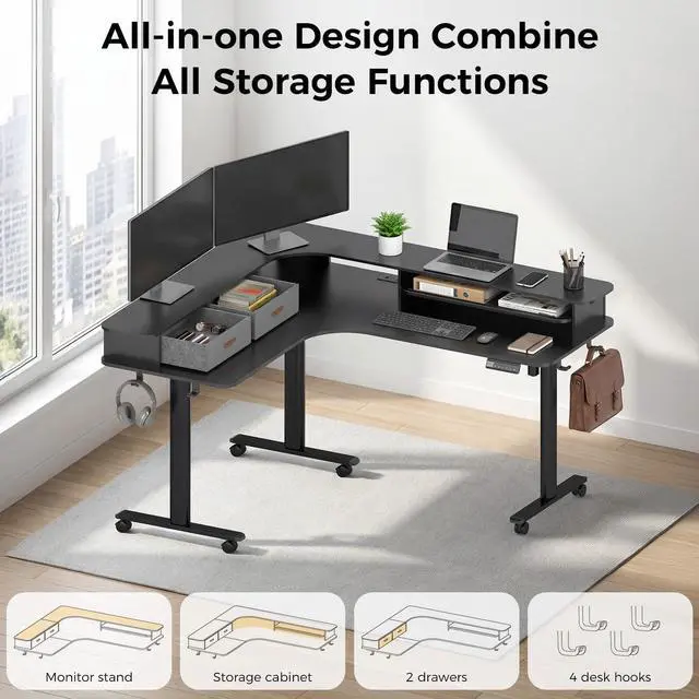 Alt view image 4 of 6 - 2-Tier L Shaped Electric Standing Desk with Drawers, 63 x 55 Height Adjustable Desk with Memory Controller, Storage, Ergonomic Corner Desk Sit Stand up Computer Table for Home Office, Black