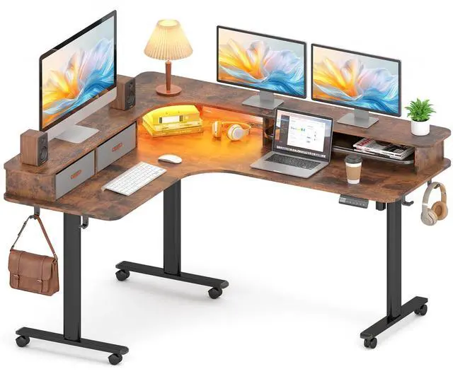 Main image of 2-Tier L Shaped Electric Standing Desk with Drawers, 63 x 55 Height Adjustable Desk with Memory Controller, Storage, Corner Desk Sit Stand up Computer Table for Home Office,Rustic Brown