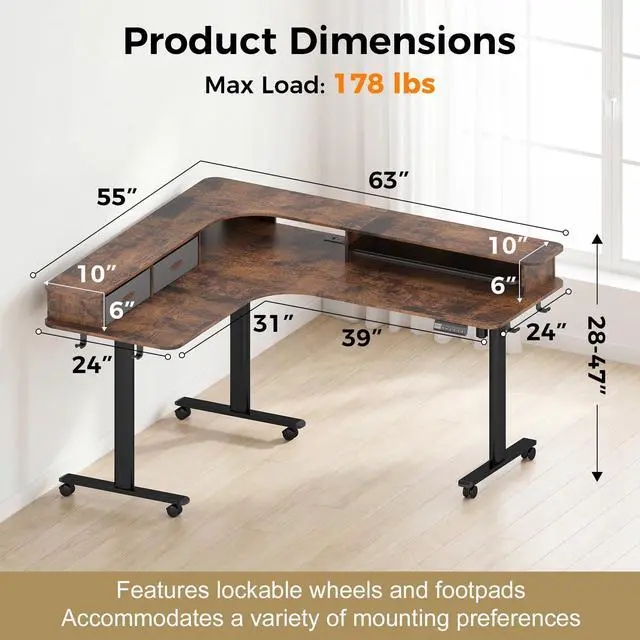 Alt view image 3 of 6 - 2-Tier L Shaped Electric Standing Desk with Drawers, 63 x 55 Height Adjustable Desk with Memory Controller, Storage, Corner Desk Sit Stand up Computer Table for Home Office,Rustic Brown