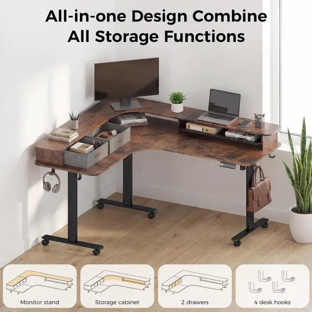 Alt view image 4 of 6 - 2-Tier L Shaped Electric Standing Desk with Drawers, 63 x 55 Height Adjustable Desk with Memory Controller, Storage, Corner Desk Sit Stand up Computer Table for Home Office,Rustic Brown