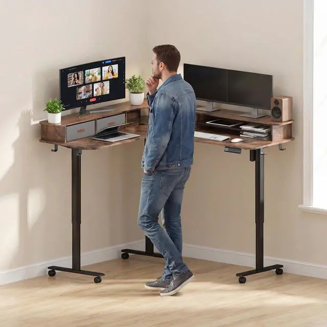 Alt view image 2 of 6 - 2-Tier L Shaped Electric Standing Desk with Drawers, 63 x 55 Height Adjustable Desk with Memory Controller, Storage, Corner Desk Sit Stand up Computer Table for Home Office,Rustic Brown