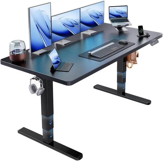 Main image of 59 x 30 Inch 3-Stage Electric Standing Desk, Brushless Motor, Black | Extra-Low To Extra-High 23.649.2 Inch Range, <55 dB Motor, Dual Hooks, 4 Presets, 220 lb Capacity; Ships In 2 Packages