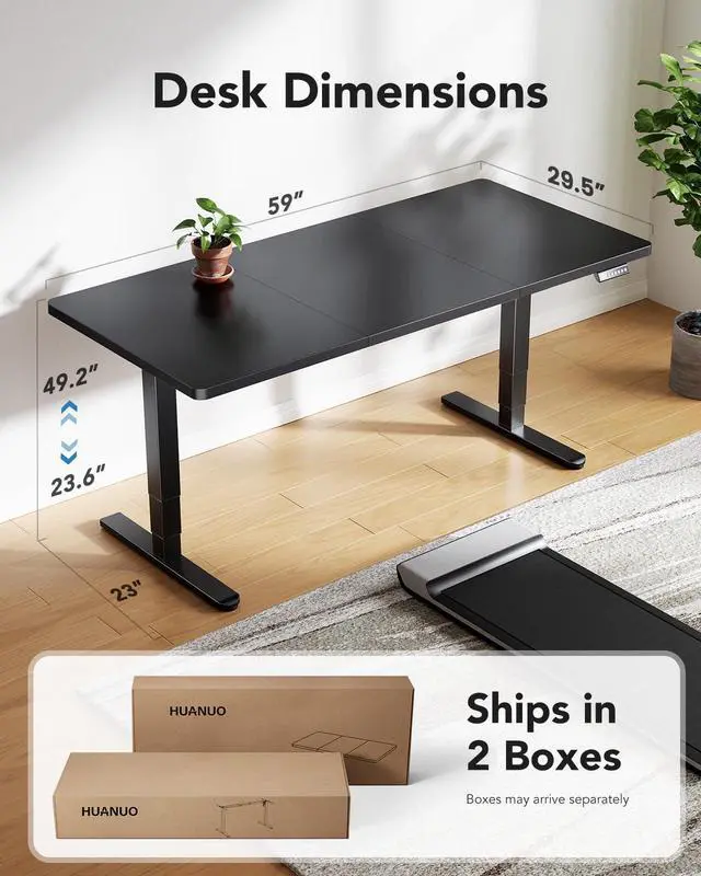 Alt view image 3 of 7 - 59 x 30 Inch 3-Stage Electric Standing Desk, Brushless Motor, Black | Extra-Low To Extra-High 23.649.2 Inch Range, <55 dB Motor, Dual Hooks, 4 Presets, 220 lb Capacity; Ships In 2 Packages