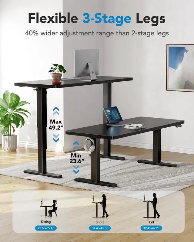 Alt view image 5 of 7 - 59 x 30 Inch 3-Stage Electric Standing Desk, Brushless Motor, Black | Extra-Low To Extra-High 23.649.2 Inch Range, <55 dB Motor, Dual Hooks, 4 Presets, 220 lb Capacity; Ships In 2 Packages