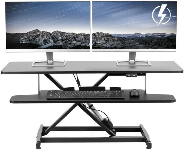 Main image of Black 42 inch Electric Desk Converter, DESK-VE42B | Height Adjustable, Stand Up Desk Riser, Wide Keyboard Tray, Dual Monitor and Laptop Workstation