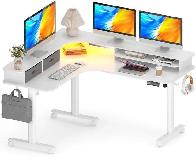 Main image of 2-Tier L Shaped Electric Standing Desk with Drawers, 63 x 55 Height Adjustable Desk with Memory Controller, Storage, Ergonomic Corner Desk Sit Stand up Computer Table for Home Office, White