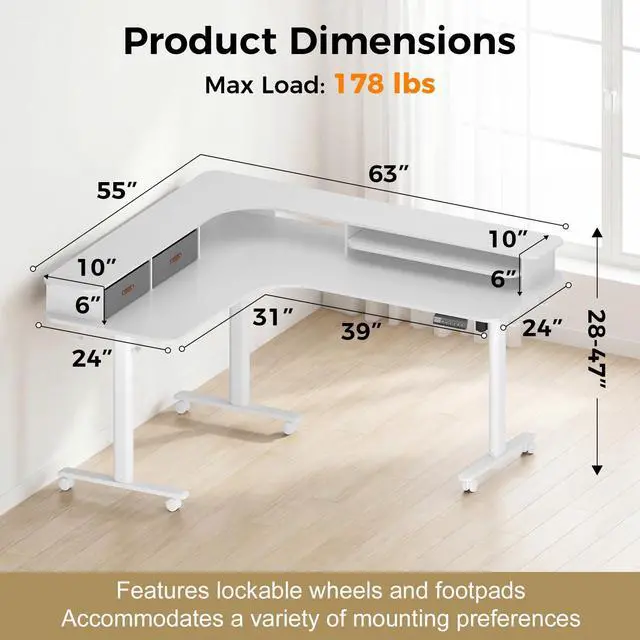 Alt view image 3 of 6 - 2-Tier L Shaped Electric Standing Desk with Drawers, 63 x 55 Height Adjustable Desk with Memory Controller, Storage, Ergonomic Corner Desk Sit Stand up Computer Table for Home Office, White