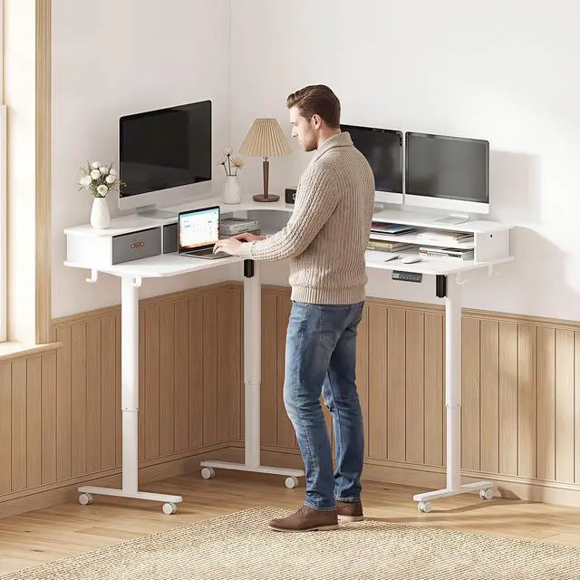 Alt view image 2 of 6 - 2-Tier L Shaped Electric Standing Desk with Drawers, 63 x 55 Height Adjustable Desk with Memory Controller, Storage, Ergonomic Corner Desk Sit Stand up Computer Table for Home Office, White
