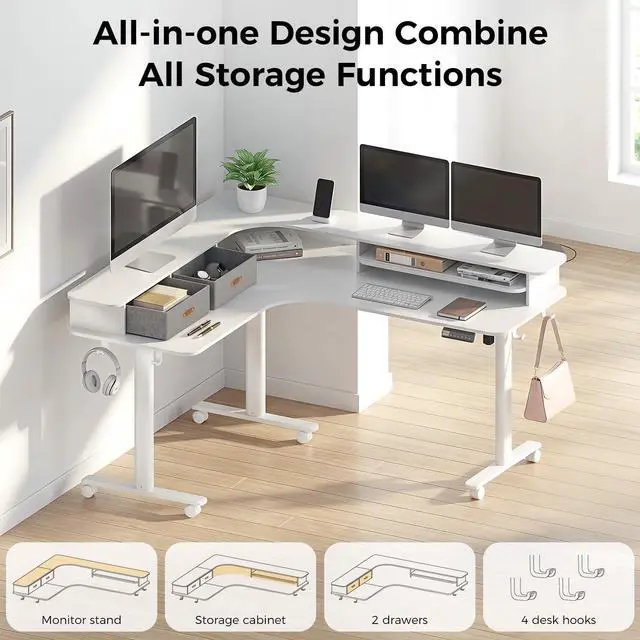 Alt view image 4 of 6 - 2-Tier L Shaped Electric Standing Desk with Drawers, 63 x 55 Height Adjustable Desk with Memory Controller, Storage, Ergonomic Corner Desk Sit Stand up Computer Table for Home Office, White
