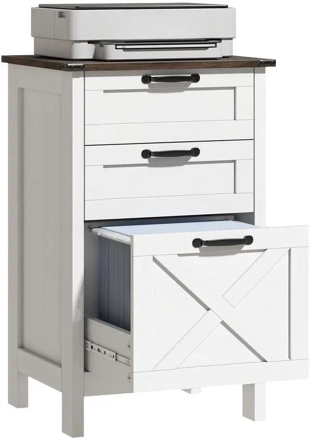 Main image of 3 Drawer File Cabinet Printer Stand Silent Slides Distressed White | Vertical Filing Cabinet for Hanging A4/Letter Size, Rustic Farmhouse Printer Stand with Storage, Home Office
