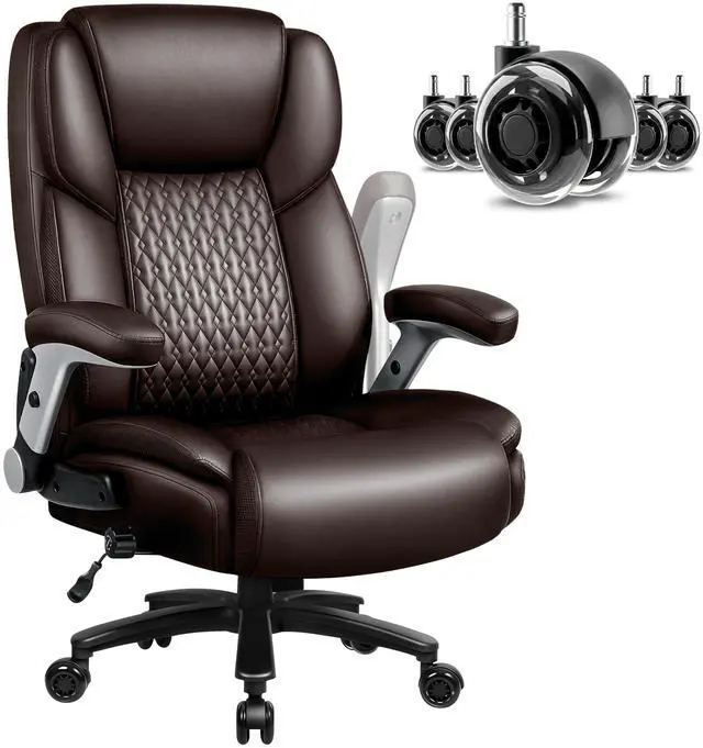 Main image of Big and Tall Office Chair 600LBS, Ergonomic Executive Desk Chair with Adjustable Lumbar Support & Flip-up Armrests, High Back Heavy Duty XL Computer Chair for Home Office, PU Leather, Brown