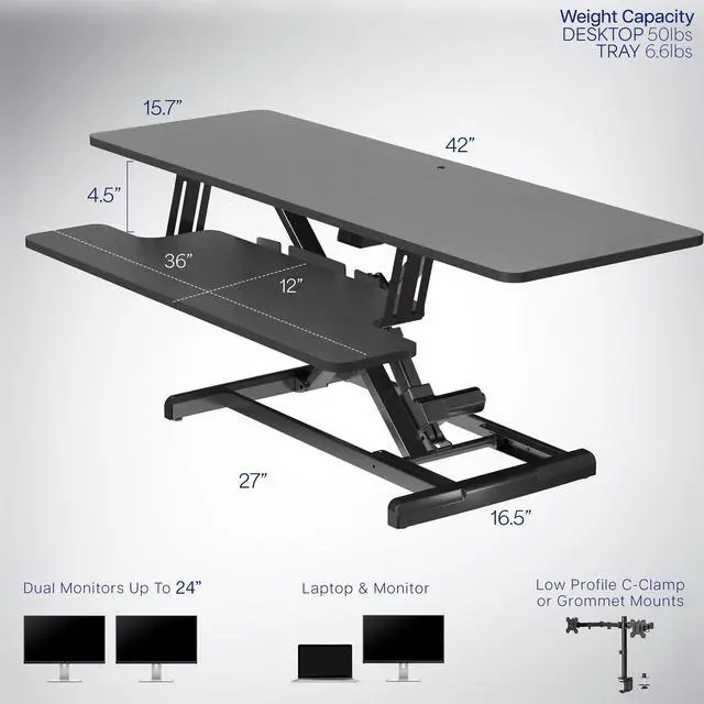 Alt view image 3 of 7 - Black 42 inch Electric Desk Converter, DESK-VE42B | Height Adjustable, Stand Up Desk Riser, Wide Keyboard Tray, Dual Monitor and Laptop Workstation