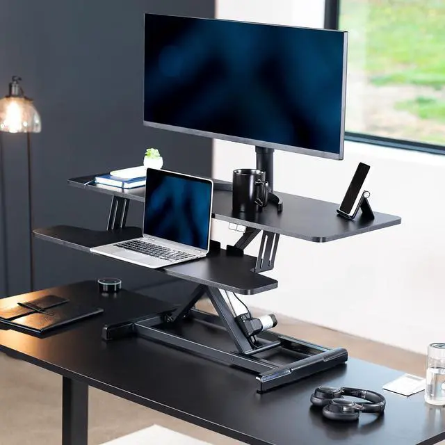 Alt view image 2 of 7 - Black 42 inch Electric Desk Converter, DESK-VE42B | Height Adjustable, Stand Up Desk Riser, Wide Keyboard Tray, Dual Monitor and Laptop Workstation