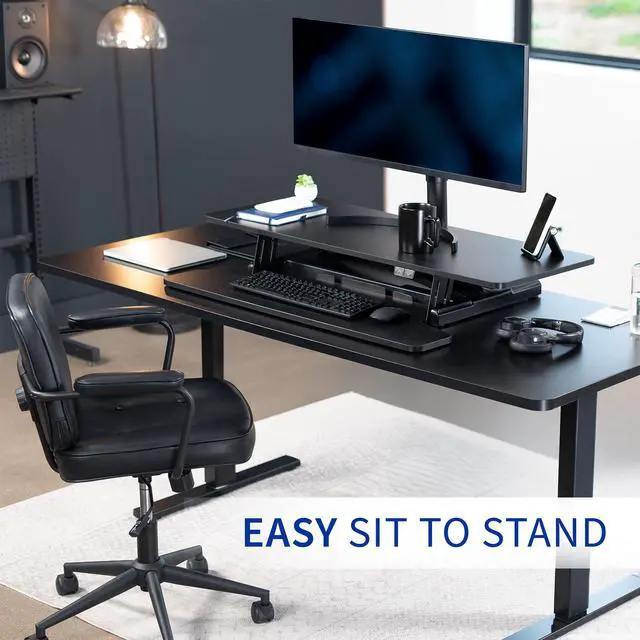 Alt view image 5 of 7 - Black 42 inch Electric Desk Converter, DESK-VE42B | Height Adjustable, Stand Up Desk Riser, Wide Keyboard Tray, Dual Monitor and Laptop Workstation
