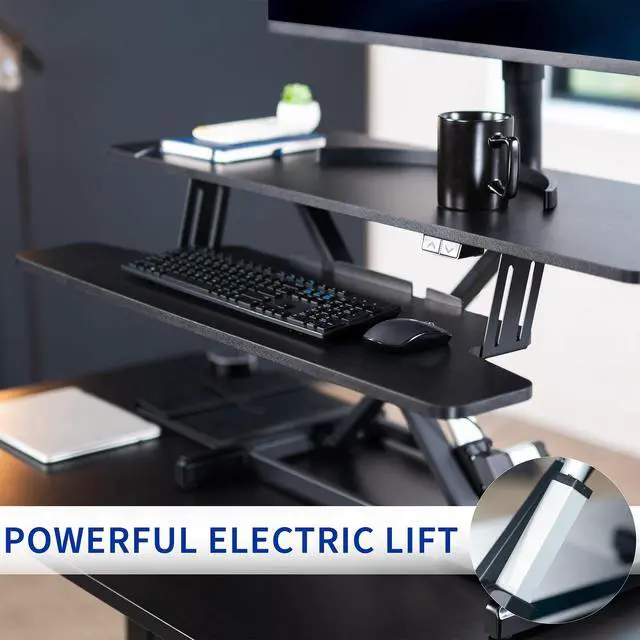 Alt view image 6 of 7 - Black 42 inch Electric Desk Converter, DESK-VE42B | Height Adjustable, Stand Up Desk Riser, Wide Keyboard Tray, Dual Monitor and Laptop Workstation