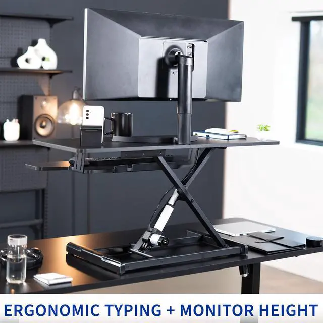 Alt view image 7 of 7 - Black 42 inch Electric Desk Converter, DESK-VE42B | Height Adjustable, Stand Up Desk Riser, Wide Keyboard Tray, Dual Monitor and Laptop Workstation