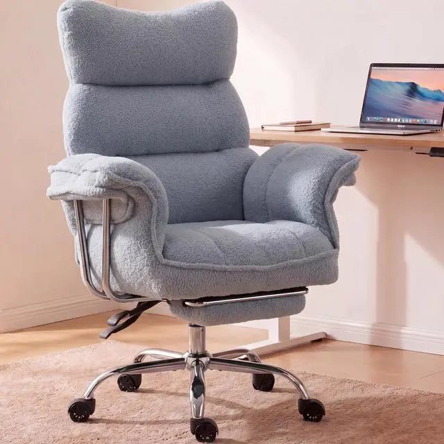Main image of Big and Tall Office Chair, Ergonomic Desk Chair with Thick Cushion, Wide Seat & Armrests Computer Gaming Chair,High Back Reclining Teddy Fleece Criss Cross Chair with Foot Rest, Blue