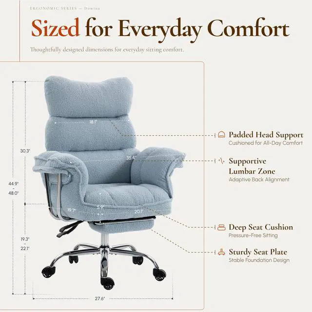 Alt view image 2 of 6 - Big and Tall Office Chair, Ergonomic Desk Chair with Thick Cushion, Wide Seat & Armrests Computer Gaming Chair,High Back Reclining Teddy Fleece Criss Cross Chair with Foot Rest, Blue