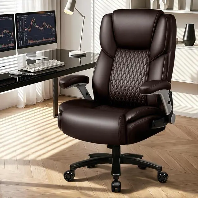Alt view image 2 of 7 - Big and Tall Office Chair 600LBS, Ergonomic Executive Desk Chair with Adjustable Lumbar Support & Flip-up Armrests, High Back Heavy Duty XL Computer Chair for Home Office, PU Leather, Brown