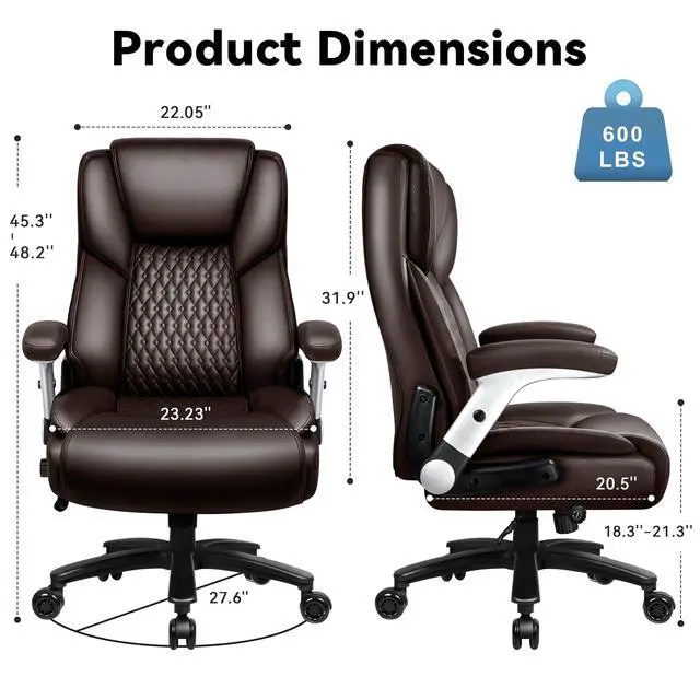 Alt view image 3 of 7 - Big and Tall Office Chair 600LBS, Ergonomic Executive Desk Chair with Adjustable Lumbar Support & Flip-up Armrests, High Back Heavy Duty XL Computer Chair for Home Office, PU Leather, Brown