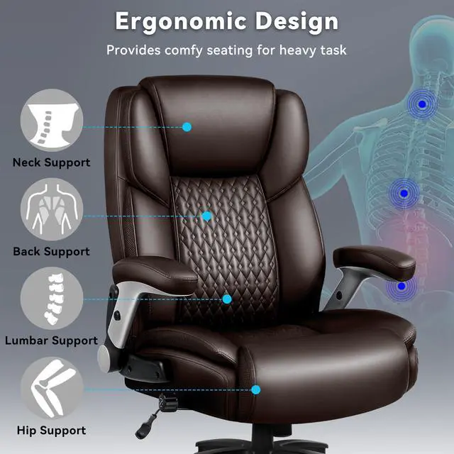 Alt view image 4 of 7 - Big and Tall Office Chair 600LBS, Ergonomic Executive Desk Chair with Adjustable Lumbar Support & Flip-up Armrests, High Back Heavy Duty XL Computer Chair for Home Office, PU Leather, Brown