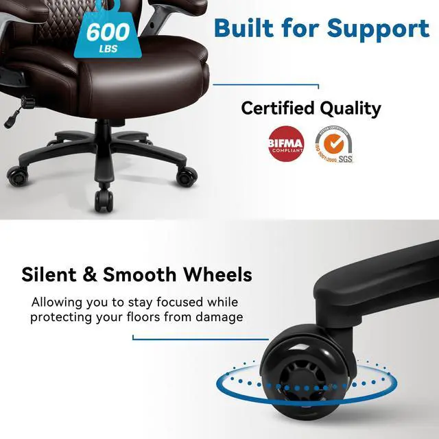 Alt view image 5 of 7 - Big and Tall Office Chair 600LBS, Ergonomic Executive Desk Chair with Adjustable Lumbar Support & Flip-up Armrests, High Back Heavy Duty XL Computer Chair for Home Office, PU Leather, Brown