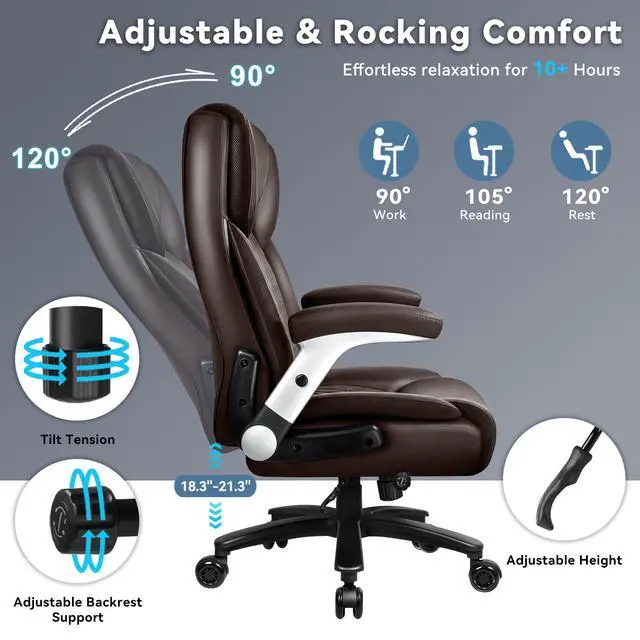 Alt view image 6 of 7 - Big and Tall Office Chair 600LBS, Ergonomic Executive Desk Chair with Adjustable Lumbar Support & Flip-up Armrests, High Back Heavy Duty XL Computer Chair for Home Office, PU Leather, Brown